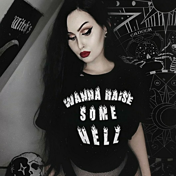 Restyle Tops - "Wanna Raise Some Hell" Gothic Crop Top Black